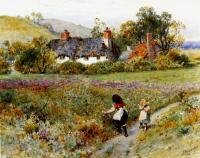 William Stephen Coleman - Children Playing On A Path Cottages Beyond